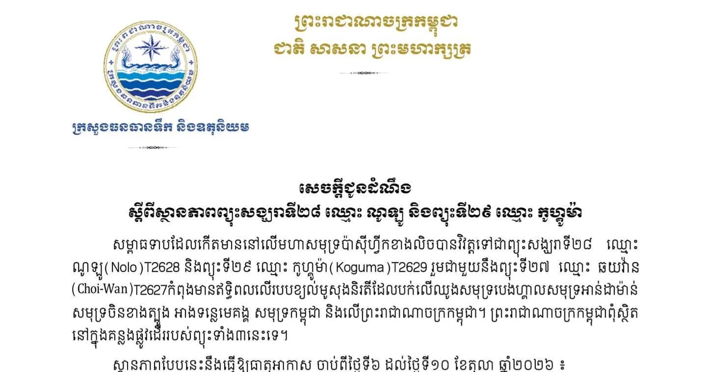 ក្រសួងធនធានទឹក និងឧតុនិយម សូមជម្រាបជូនដំណឹងស្ដីពីស្ថានភាពព្យុះសង្ឃរាទី២៨ ឈ្មោះ ណូឡូ និងព្យុះទី២៩ ឈ្មោះ កូហ្គូម៉ា៕